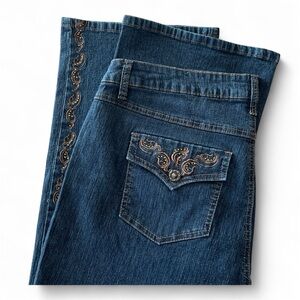 Roz & Ali Dark Denim Straight Leg Jeans Embellished Artsy Embroidery Beading 16W